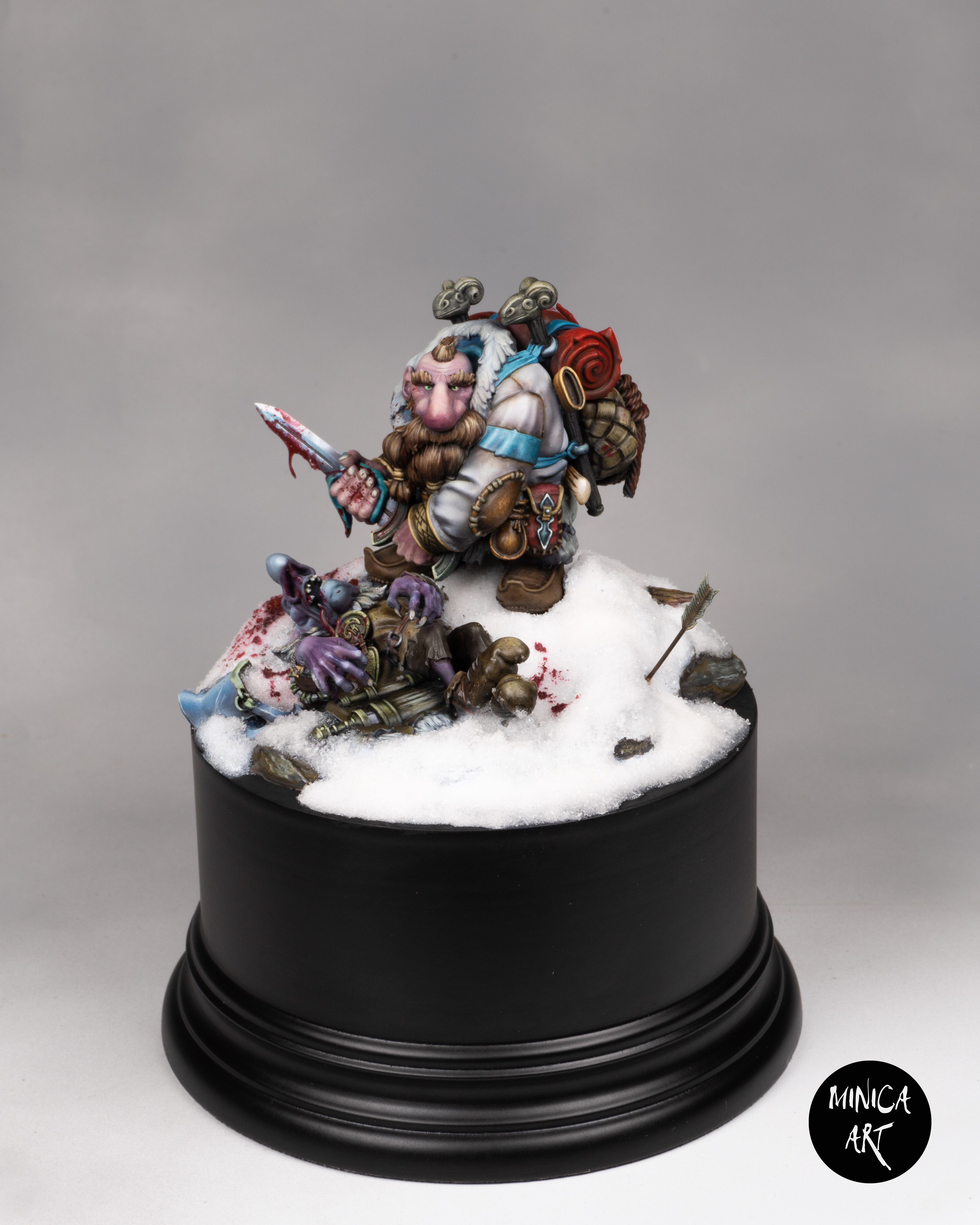 Brave dwarf hunting goblins in the cold snowy night in the forest.