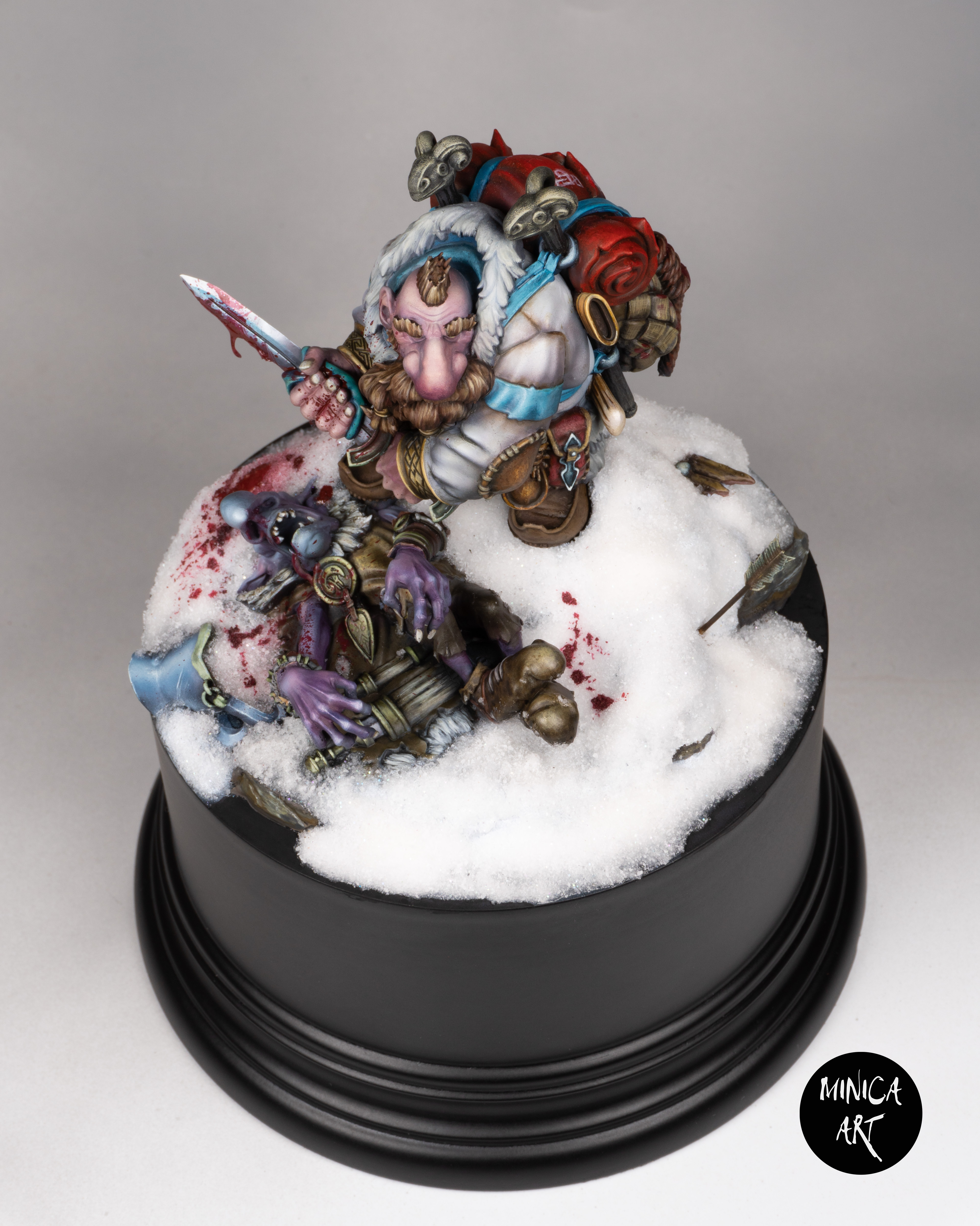 Brave dwarf hunting goblins in the cold snowy night in the forest.