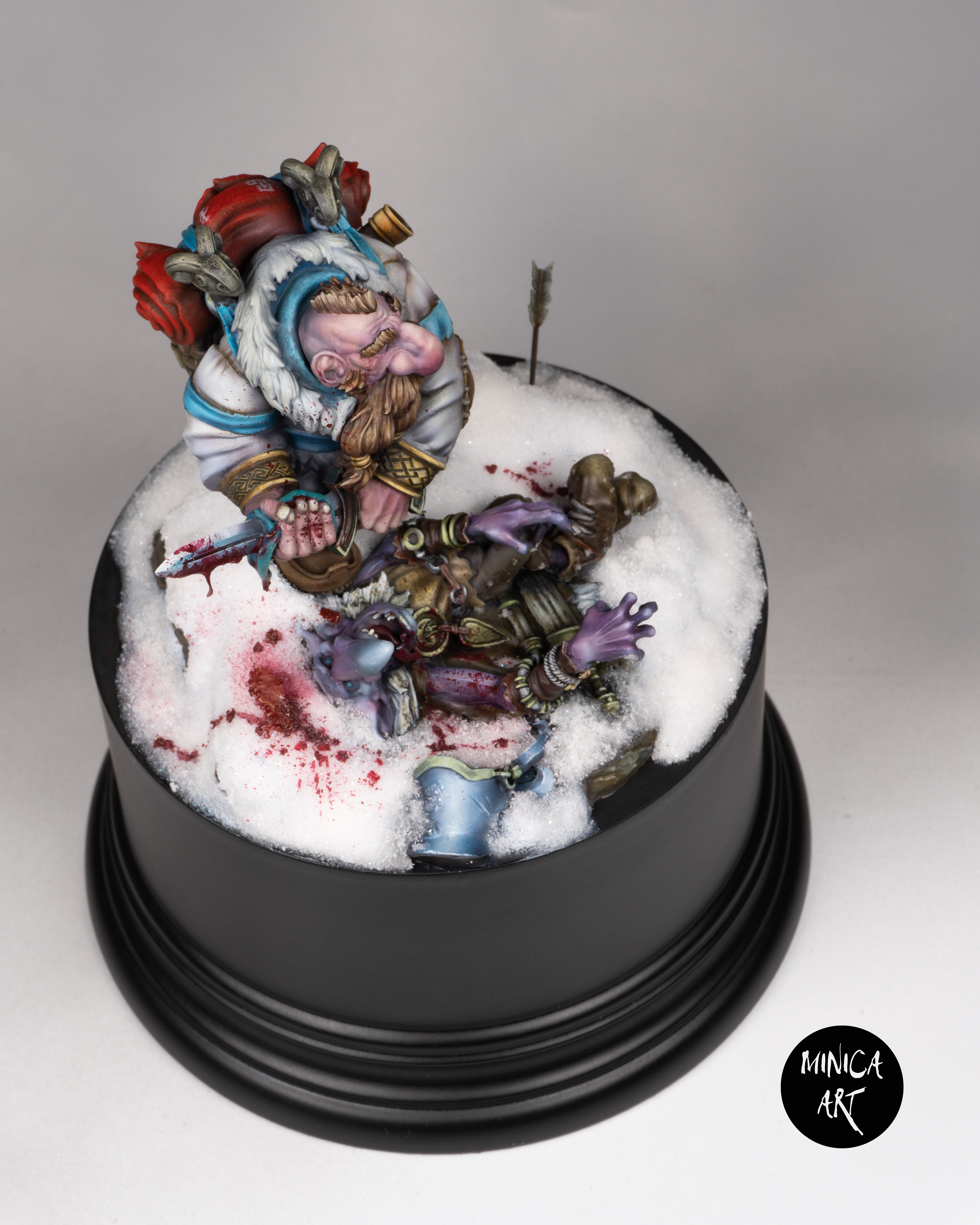 Brave dwarf hunting goblins in the cold snowy night in the forest.