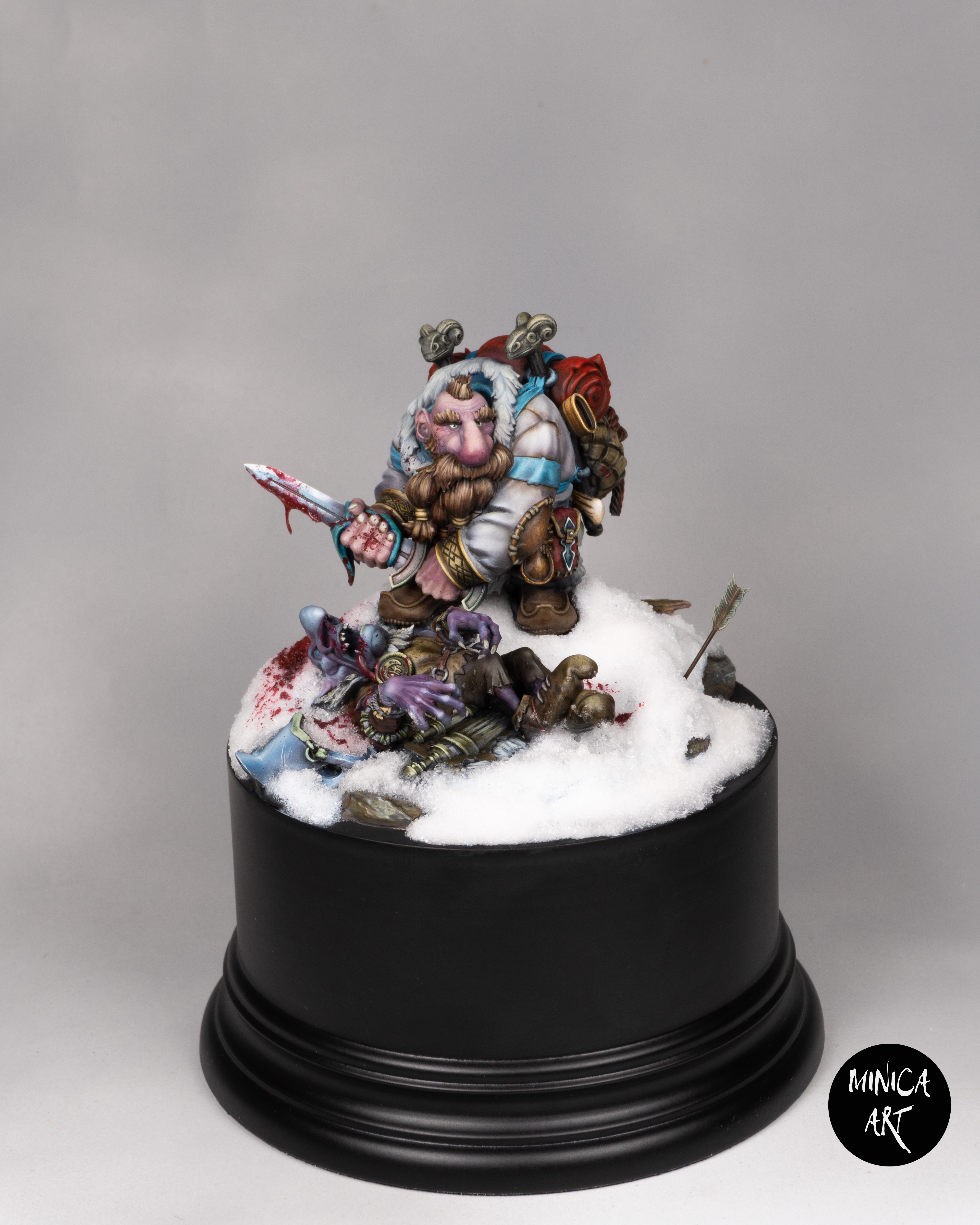 Brave dwarf hunting goblins in the cold snowy night in the forest.