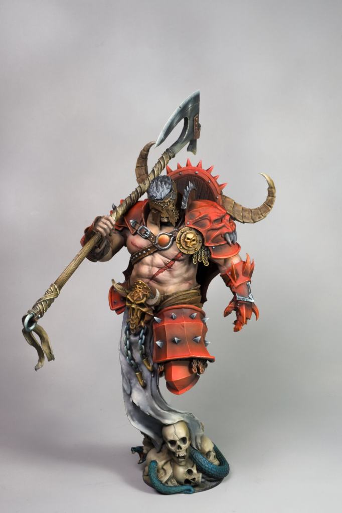 Detailed fantasy warrior sculpture with armor, axe, and skull base for home decoration.